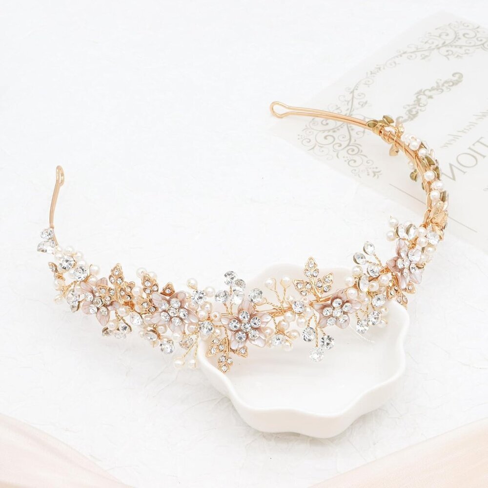 Wedding Headband Bridal Pearl Crystal Floral Hair Accessory Gold For Brides